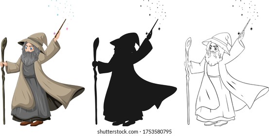 Old wizard with magic wand in color and outline and silhouette cartoon character isolated on white background illustration
