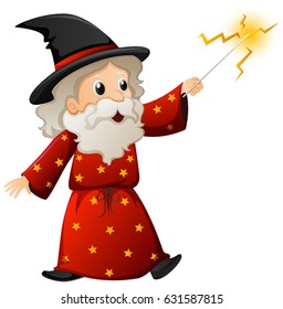Old wizard with magic wand illustration