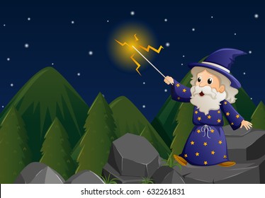 Old wizard with magic wand on the rock illustration