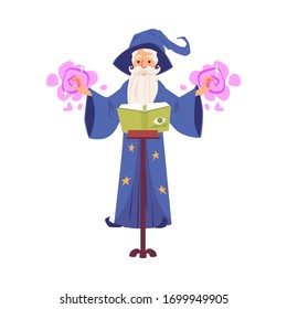 Old wizard and magician man with hat and beard casts a spell using the book of magic, fantasy vector illustration in flat cartoon style.