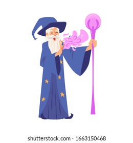 Old wizard man in robe and hat stands with staff and makes magic cartoon style, vector illustration isolated on white background. Bearded magician holds wand and conjures by his hand