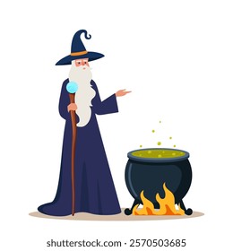 Old wizard man in robe and hat stands near cauldron with poisonous green potion. Bearded magician or witcher in mantle with magic wand. Vector