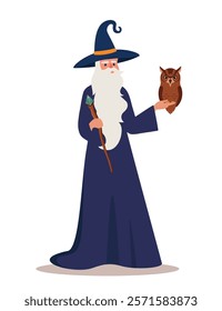 Old wizard man in robe and hat stands holding staff and owl. Bearded magician or witcher in mantle with magic wand. Vector