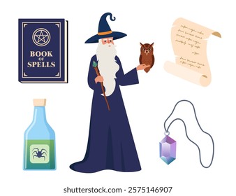 Old wizard man in robe and Magician tools. Wizard magic mystery amulet, spell book, crystal ball, evil eye, tarot cards, potion cauldron. Vector