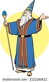 Old Wizard Man with White Beard Holding a Magic Staff Vector Art Illustration Isolated on White