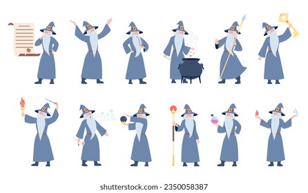 Old wizard, medieval sorcerer cartoon characters. Magician man doing magic and wear magical costume. Flat wise male druid recent vector set