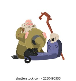 Old wizard mourning death cartoon illustration. Wise magician, warlock, mage or sorcerer with white beard in hat and robe standing before grave. Magic concept