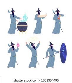 Old wizard. Mystery magician, cartoon warlock doing mysterious tricks. Medieval magic wiseman, sorcerer male character vector illustration