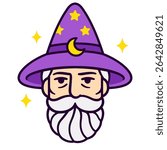 Old wizard portrait with grey beard and magic hat. Fantasy mage character head logo, vector clip art illustration.