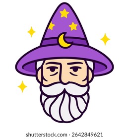 Velho retrato bruxo com barba cinza e chapéu mágico. Logo da cabeça do personagem da imagem da fantasia, ilustração de clip art vetorial.