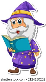 An old wizard reading a book cartoon character sticker illustration