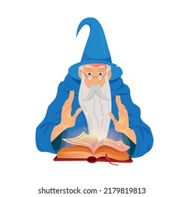 Old wizard and reading spell book on white background. Warlock, sorcerer, old beard man in blue wizards robe, hat.