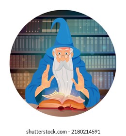 Old wizard and reading spell book on library background. Warlock, sorcerer, old beard man in blue wizards robe, hat.