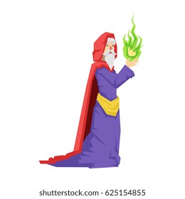 Old wizard in a red cape holding green magic ball. Colorful fairy tale character Illustration