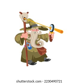 Old wizard shooting lazer through lens cartoon illustration. Wise magician, warlock, mage or sorcerer with white beard in hat attacking. Magic concept