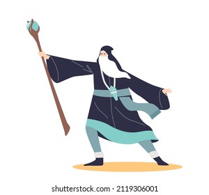 Old wizard sorcerer with magic staff wearing magician robe tell spell using stick with crystal stone. Senior bearded fairytale character. Cartoon flat vector illustration