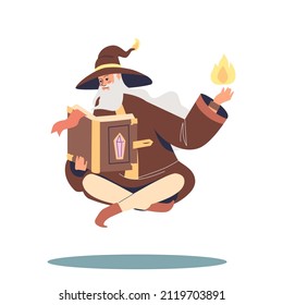 Old wizard sorcerer read spell book levitating make magic fire wearing magician robe and hat tell spell. Senior bearded fairytale character. Cartoon flat vector illustration