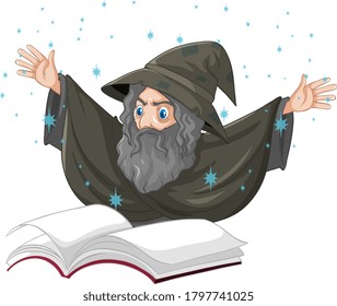 Old wizard with spell and book cartoon style isolated on white background illustration