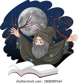 Old wizard with spell and book cartoon style isolated on white background illustration