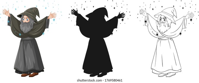 Old wizard with spell in color and outline and silhouette cartoon character isolated on white background illustration