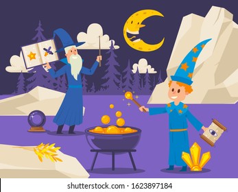 Old wizard teaches young student to cook magical potion, vector illustration. Flat style outdoor scene with cartoon characters. Boy with magic wand and spell scroll at night, fantasy book illustration