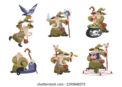 Old wizard in various actions cartoon illustration set. Wise magician, warlock or sorcerer with white beard in hat and robe brewing potion. Mage casting spell, divining on magic ball. Magic concept