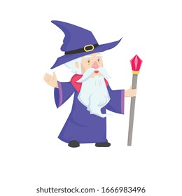old wizard vector mascot cartoon with white beard ,purple hat and coat,magic red gem wand  icon illustration  