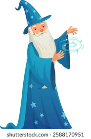 Old wizard wearing a blue magic hat and cloak decorated with stars is casting a spell using his hands and a magic wand, creating a vortex of glowing magical energy