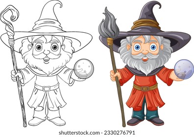 Old wizard wearing a hat with a long beard doodle coloring page for children illustration