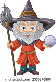 Old wizard wearing a hat with a long beard holding stick illustration