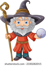 Old wizard wearing a hat with a long beard holding stick illustration