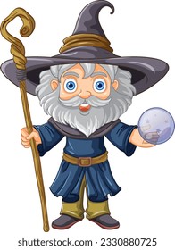 Old wizard wearing a hat with a long beard holding stick illustration