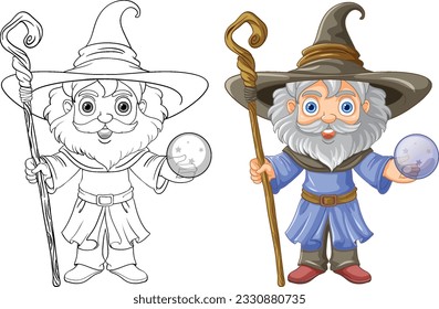 Old wizard wearing a hat with a long beard doodle coloring page for children illustration