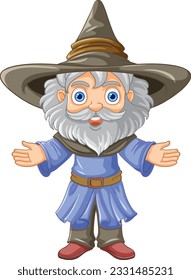 Old wizard wearing a hat with a long beard illustration