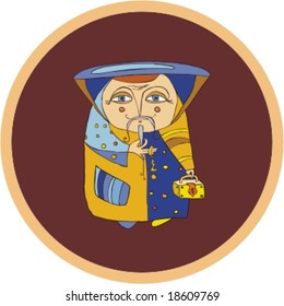 old wizard in yellow and blue clothes with the big hat and a chest in hands