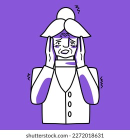 Old woman is afraid, purple and white. Fear and horror of the elderly lady character, line art, hand drawn sketch style vector.