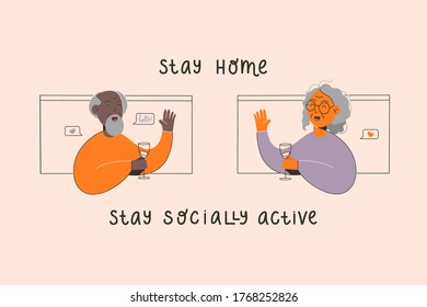An old woman and African American man smiles and waves to each other from browser windows.
Happy aged woman and man enjoys life. Active lifestyle in elder age. Stay home, stay socially active text.