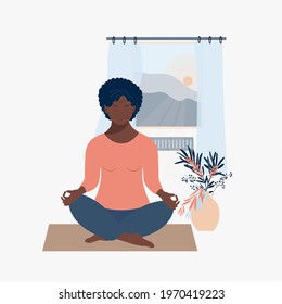 Old woman, African American race, performs yoga exercises. Meditation, asana, workout at home, healthy lifestyle. Pensioner, cartoon character, flat style. Concept, poster, banner, vector illustration