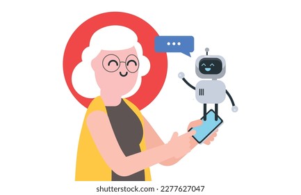 Old Woman and an AI Robot On Phone