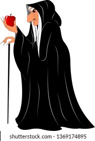 old woman with apple in a black cloak