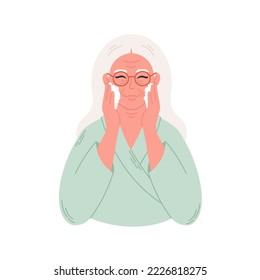 Old woman applying organic cosmetic cream on face. Senior woman with wrinkles doing anti age procedures. Hand drawn vector illustration