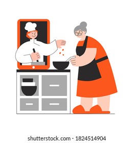 Old woman in apron cooks together with chef from tablet computer. Online cooking, culinary internet course concept. Isolated flat vector illustration for advert, web banner, social media.