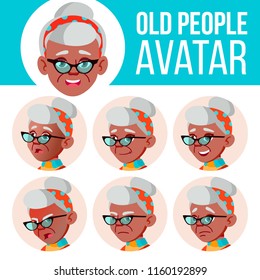 Old Woman Avatar Set Vector. Black. Afro American. Face Emotions. Senior Person Portrait. Elderly People. Aged. Flat, Portrait. Caucasian. Cartoon Head Illustration