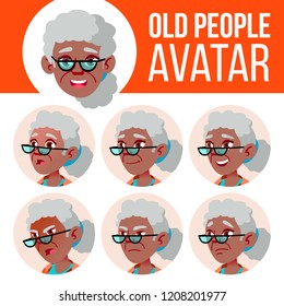 Old Woman Avatar Set Vector. Black. Afro American. Face Emotions. Senior Person Portrait. Elderly People. Aged. Children. Beautiful, Funny. Cartoon Head Illustration