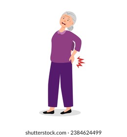 Old woman with back pain character in flat design on white background. Bone problem.