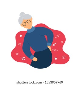 Old woman with backache problems. Flat modern trendy style. Vector illustration character icon. Isolated on white background. Pain in back, ache, osteoporosis, aging concept.