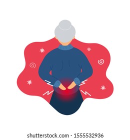 Old woman with backache problems standing back face. Flat modern trendy style. Vector illustration character icon. Pain in back, ache, osteoporosis, aging concept.