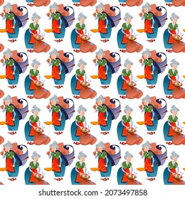 Old woman with a bag of gifts. Buena Befana (happy Epiphany). Italian Christmas tradition. Seamless background pattern. Vector illustration

