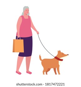 old woman with bag shopping, walking with dog mascot in white background vector illustration design