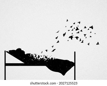 Old Woman In Bed. Death And Afterlife. Flying Birds Silhouette